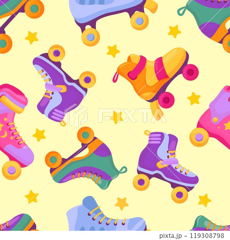 Roller skates seamless pattern. Vibrant retro print for fabric wrapping web design. Sporty girl stylish boots on wheels, vintage neoteric vector background 119308798