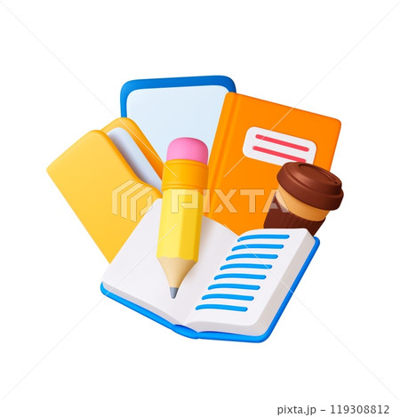 3d Work and study. Education 3d concept with opened book, notebooks yellow folder for documents, pencil and coffee mug. Realistic render office vector icons 119308812