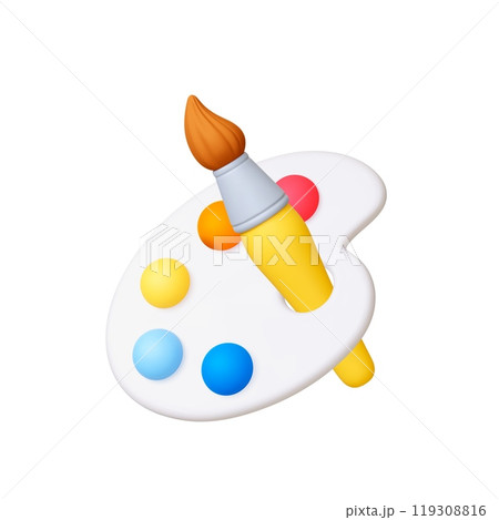 3d Paint palette and brush, painting supplies 3d icon. Drawing tool, white plastic palette with dots of color paints. Isolated realistic render vector elements 3d Paint palette and brush, painting supplies 3d icon. Drawing tool, white plastic palette with dots of color paints. Isolated realistic render vector elements 119308816
