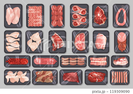 Meat packages. Butchery products production packages top view with frozen meat pork beef sausages recent vector pictures Meat packages. Butchery products production packages top view with frozen meat pork beef sausages recent vector pictures 119309090