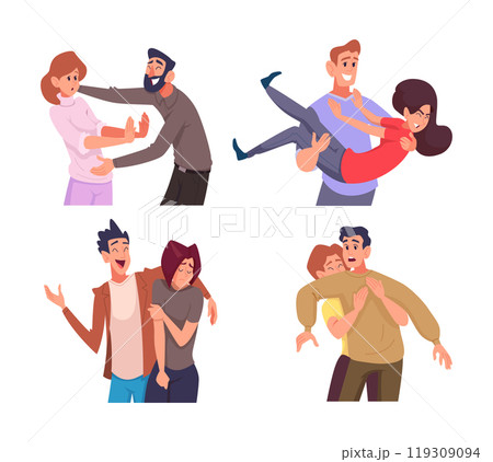 Hugs. Unwanted negative emotions people stressed connection awkward embarrassed person exact vector illustrations Hugs. Unwanted negative emotions people stressed connection awkward embarrassed person exact vector illustrations 119309094
