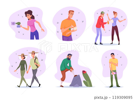 Insect bite. Prevention methods from bite wasps ants and bloodsucker mosquitos exact vector cartoon illustrations Insect bite. Prevention methods from bite wasps ants and bloodsucker mosquitos exact vector cartoon illustrations 119309095