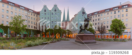 Nikolaiviertel in Mitte on the East Bank of the Spree at dawn, Berlin, Germany 119309268