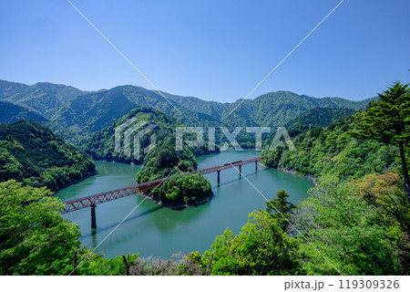 静岡県大井鉄道、新緑の奥大井湖上駅に停車している列車、鉄道 静岡県大井鉄道、新緑の奥大井湖上駅に停車している列車、鉄道 119309326