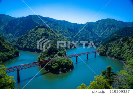 静岡県大井鉄道、新緑の奥大井湖上駅に停車している列車、鉄道ファンに人気の美しい風景 静岡県大井鉄道、新緑の奥大井湖上駅に停車している列車、鉄道ファンに人気の美しい風景 119309327