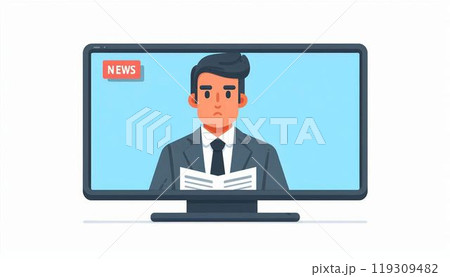 テレビで真剣にニュースを伝えている男性アナウンサー 119309482