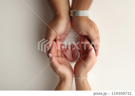 The palms of the parents. A father and mother hold the feet of a newborn child in a white blanket on a white background.. The feet of a newborn in the hands of parents. Photo of foot, heels and toes The palms of the parents. A father and mother hold the feet of a newborn child in a white blanket on a white background.. The feet of a newborn in the hands of parents. Photo of foot, heels and toes 119309732