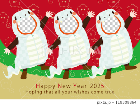 Vector illustration for New Year's cards for the Year of the Snake (for three people in white snake costumes) that can be fitted with a photo face 119309864