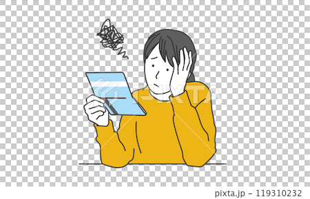 通帳を見て悩んでいる女性のシンプルイラスト 通帳を見て悩んでいる女性のシンプルイラスト 119310232