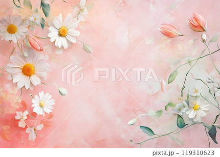水彩風のデイジーとピンクの花の優雅なフローラルデザイン 119310623