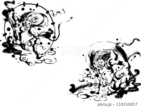 【水墨画】手描き風神雷神図 アルミ製フレーム付き 風神雷神 #水墨画 #墨絵 #風神雷神 #raijin #sumie #brushpenart