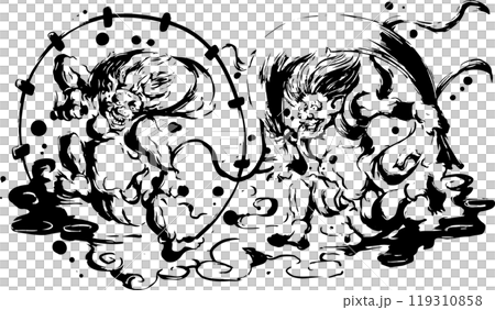 暖簾『風神雷神図』水墨画家による肉筆 一点物