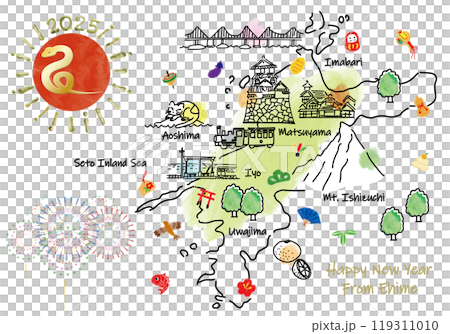 Illustrated map of tourist spots in Ehime Prefecture New Year's card 2025 Illustrated map of tourist spots in Ehime Prefecture New Year's card 2025 119311010