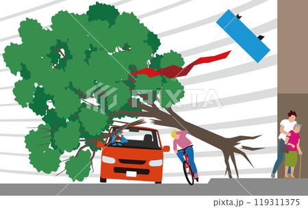 突風と倒木の下敷きになる自動車、あおられる自転車、避難する歩行者のイラスト 119311375