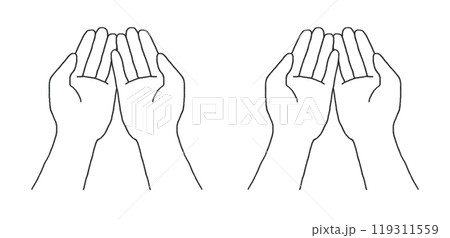 差し出す両手の線画イラスト　重なりあり　白背景あり・なし 119311559