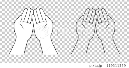 Line drawing illustration of two outgoing hands, with and without overlap, with and without white background 119311559