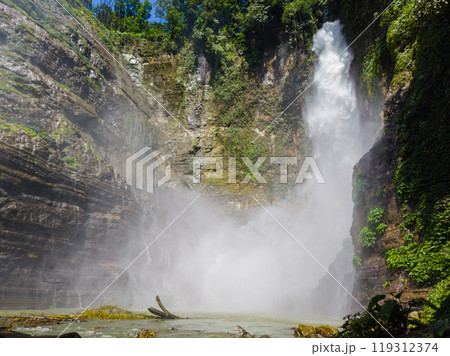 Waterfalls mist in rock structures. Hikong Bente Falls. South Cotabato, Philippines. 119312374