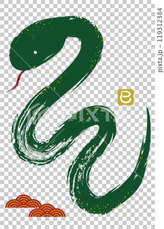 Hand-drawn brush stroke snake illustration for the year of the snake 2025/Green 119312384
