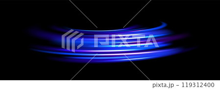 Glowing neon light trail background. Bright blue spinning speed lines. Magic luminous curved swirl concept. Abstract spiral dynamic rotating stripes. Bright streaks for poster, banner, flyer. Vector Glowing neon light trail background. Bright blue spinning speed lines. Magic luminous curved swirl concept. Abstract spiral dynamic rotating stripes. Bright streaks for poster, banner, flyer. Vector 119312400