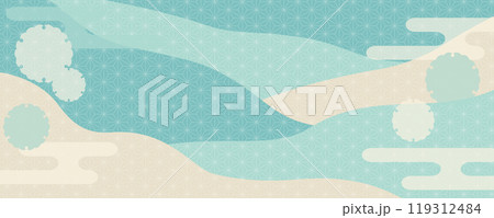 青緑の和風背景。山々と麻の葉模様、エ霞、雪輪のベクターイラスト。横。 119312484