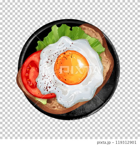 Sunny side up egg. Tasty sandwich with fried eggs, tomato, lettuce. Food illustration with cast iron pans top view. 119312901