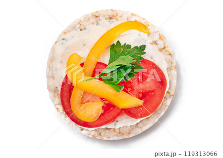 Vegan Rice Cake Sandwich with Fresh Tomato, Yellow Paprika and Greens - Isolated Vegan Rice Cake Sandwich with Fresh Tomato, Yellow Paprika and Greens - Isolated 119313066