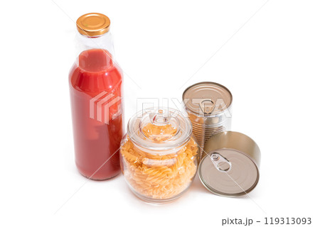Food Reserves: Canned Food, Spaghetti, Pate, Tuna, Tomato Juice, Pasta, Fish and Grocery - Isolated 119313093