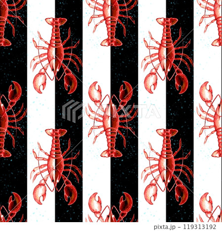 Red lobster seamless print for textile and fabric. Striped pattern 119313192