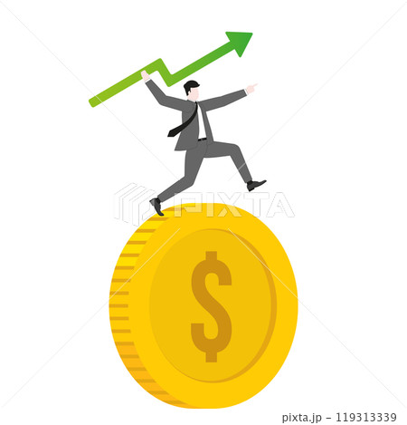 A businessman aiming and throwing a green arrow like a javelin on a dollar coin. Growth, investment, financial success, business ambition, market opportunity, target goal, and wealth strategy 119313339