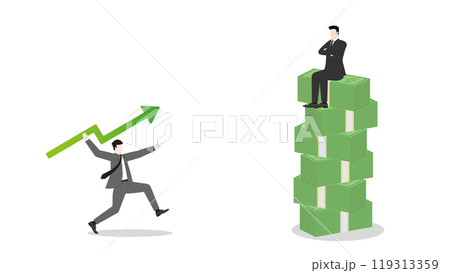 A businessman aiming and throwing a green arrow like a javelin to a rival sitting on banknote stack. Competition, investment, financial success, business ambition, market opportunity, and target goal 119313359