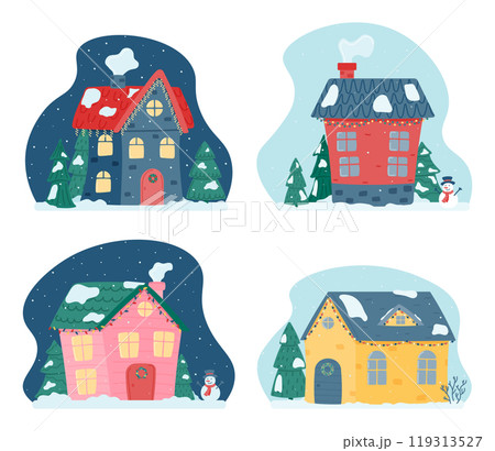 Cute Christmas and winter houses. Set of decorative houses on the background of the sky, falling snow, fir trees. Vector illustration in a flat style. Cute Christmas and winter houses. Set of decorative houses on the background of the sky, falling snow, fir trees. Vector illustration in a flat style. 119313527