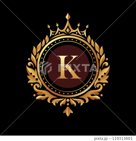 Letter K inside a circle frame and crown with vintage ornament in golden color 119313601