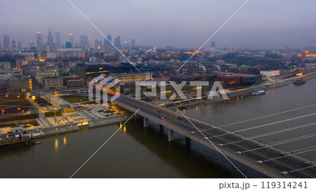 Aerial view on the Swietokrzyski bridge over the Vistula river. Warsaw, Poland 119314241