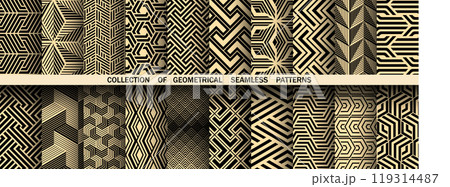 Geometric set of seamless black and golden patterns. Simple vector graphics Geometric set of seamless black and golden patterns. Simple vector graphics 119314487