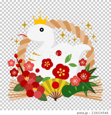 Pine, bamboo, plum, camellia and folding fan, snake year new year's card icon, decoration, white snake, cute, illustration 119314548