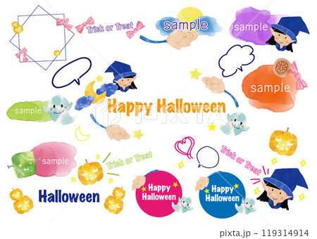 水彩で描いたハロウィンのかわいいイラスト素材セット一式 水彩で描いたハロウィンのかわいいイラスト素材セット一式 119314914