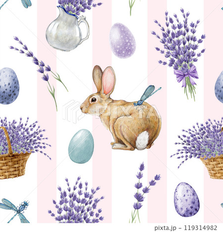 Easter bunny with tender lavender flowers seamless pattern. Watercolor vintage style illustration. Cute little bunny, painted eggs, lavender pattern. Easter festive decor element with rabbit. Easter bunny with tender lavender flowers seamless pattern. Watercolor vintage style illustration. Cute little bunny, painted eggs, lavender pattern. Easter festive decor element with rabbit. 119314982