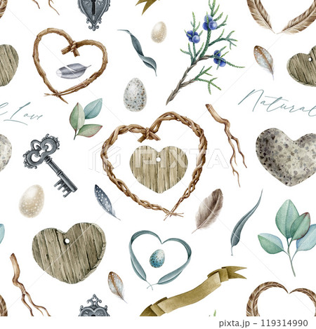 Valentine day mood rustic style seamless pattern decor element. Watercolor illustration. Natural elements with heart shapes seamless pattern. Hand drawn natural decorations on white background 119314990