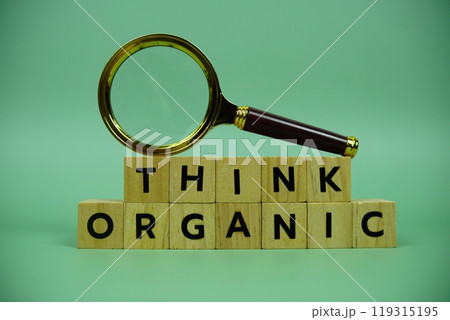 Think Organic with wooden blocks alphabet letters and magnifying glass on green background Think Organic with wooden blocks alphabet letters and magnifying glass on green background 119315195