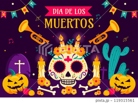 Dia de Los Muertos Translation Day of the Dead, featuring Illustration a Skeleton Playing Music Sombrero and Wearing Traditional Mexican Costumes 119315561