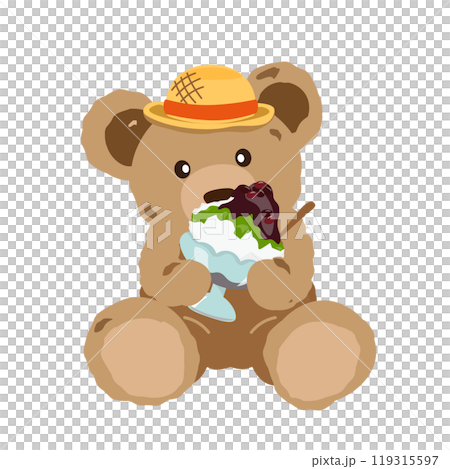 An illustration of a teddy bear wearing a straw hat eating shaved ice An illustration of a teddy bear wearing a straw hat eating shaved ice 119315597