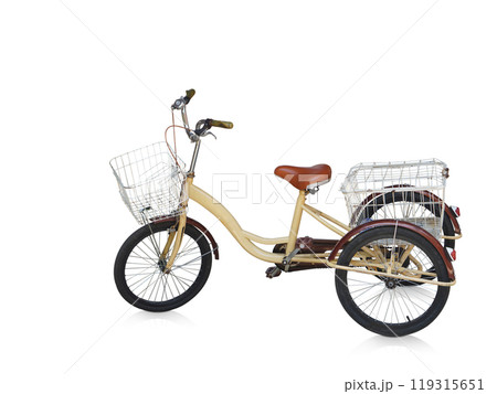 side view old cream and brown tricycle on white background, object, transpotation, copy space side view old cream and brown tricycle on white background, object, transpotation, copy space 119315651