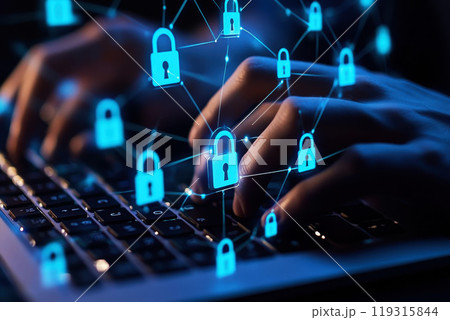 hands of a businessman use a laptop with a virtual padlock icons, cyber and data security concept hands of a businessman use a laptop with a virtual padlock icons, cyber and data security concept 119315844