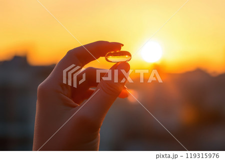 Female hand holding a small yellow capsule of nutritional supplement . Food supplement, vitamin D, omega, vitamin C, multivitamins 119315976