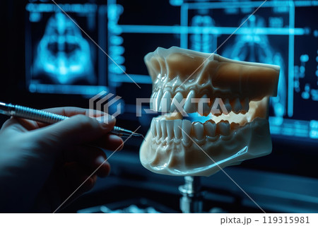 a dentist hold a dental model human jaw or oral cavity. ai generative 119315981