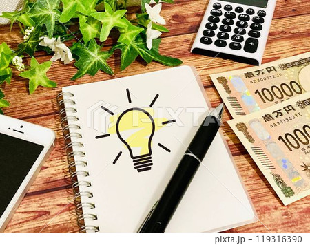 ノートに描かれた豆電球の絵とお金 119316390