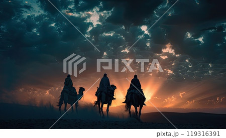 Three wise men riding camels in the desert at sunset, enjoying the landscape 119316391