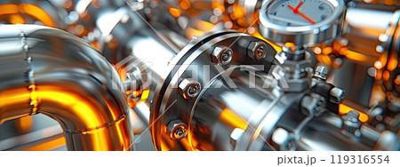 A factory machine with a clock on it, focused in closeup view 119316554