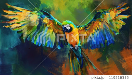 A colorful parrot flies with wings spread in the air 119316556