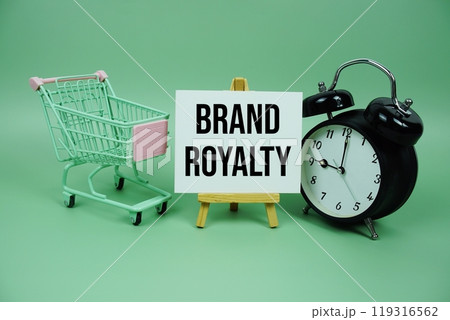 Brand Royalty text message on paper card with alarm clcok and trolley shopping cart on green background 119316562